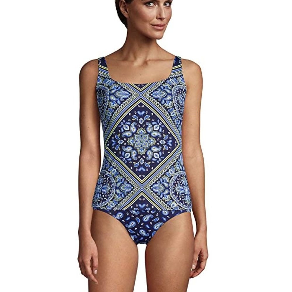 NWT Lands' End Women's Square Neck Underwire Tankini Navy Paisley 24W $60 DD707